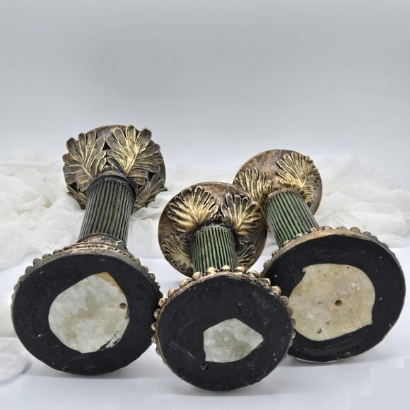 Set of 3 Roman Style Candlesticks | Vintage Green & Gold Pillar Candle Holders - Picture 3 of 12